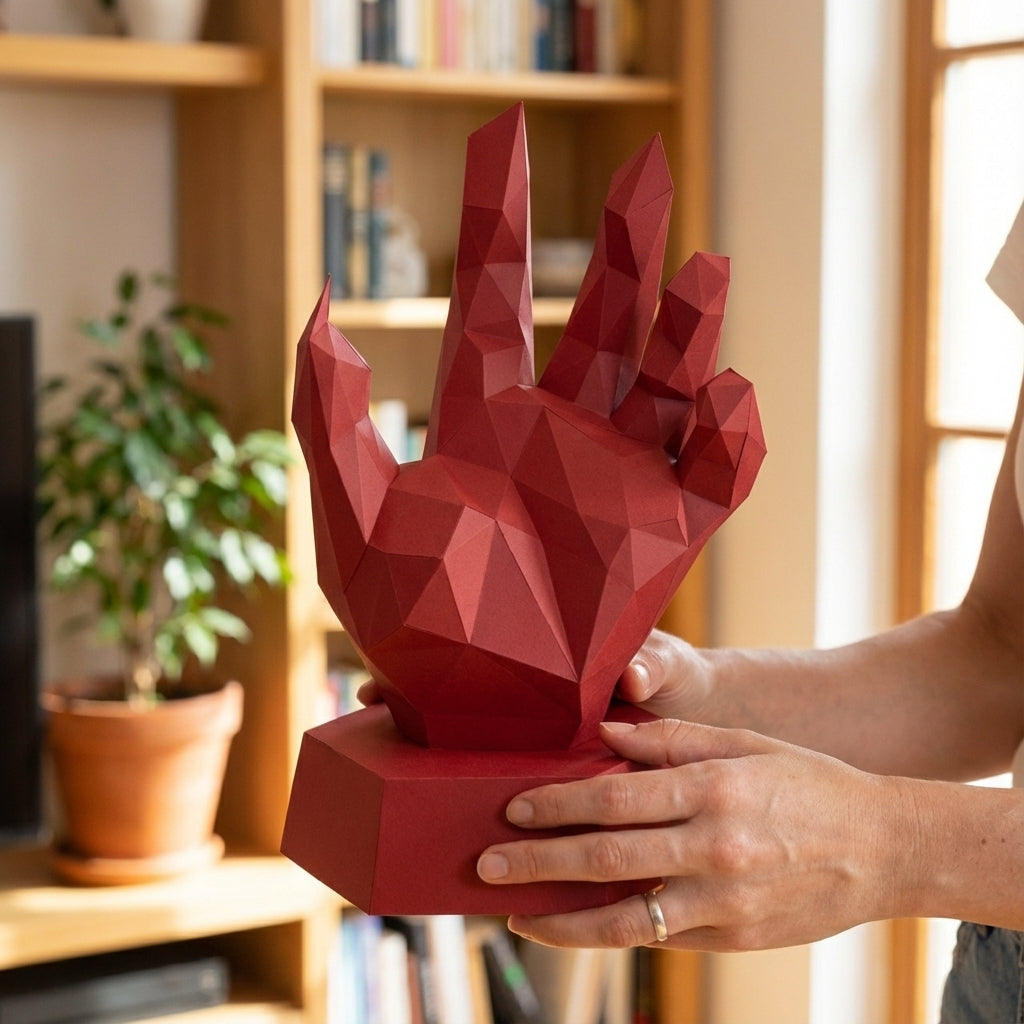 Papercraft hand on stand 3D polygonal paper figure for assembly 40x26x20, 59 parts – DIY craft jewelry holder, sculptural cardboard hand for modern decor - Mi tienda