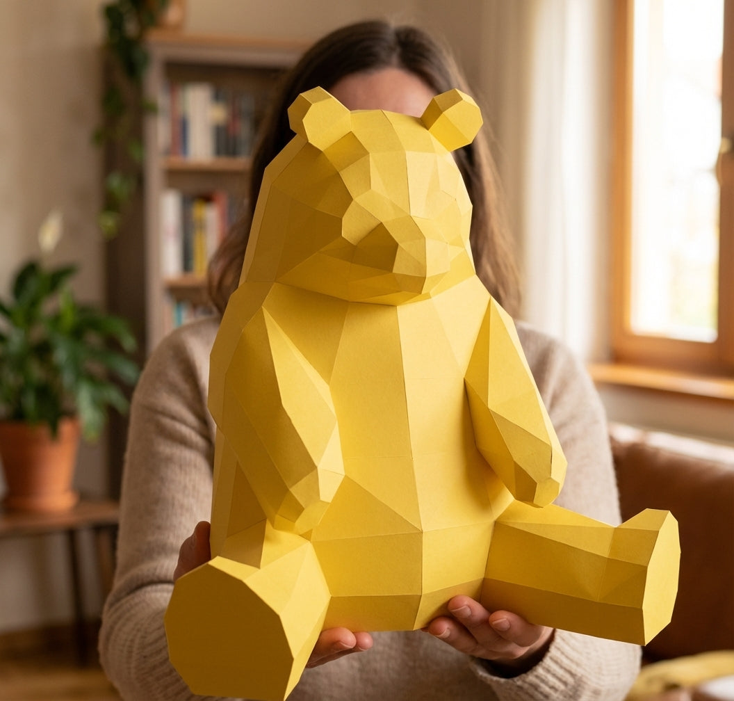 Polygonal panda papercraft, 3d geometric sculpture, 61-piece diy paper kit, 32x35x35 cm, modern handmade decor for home or office - Mi tienda