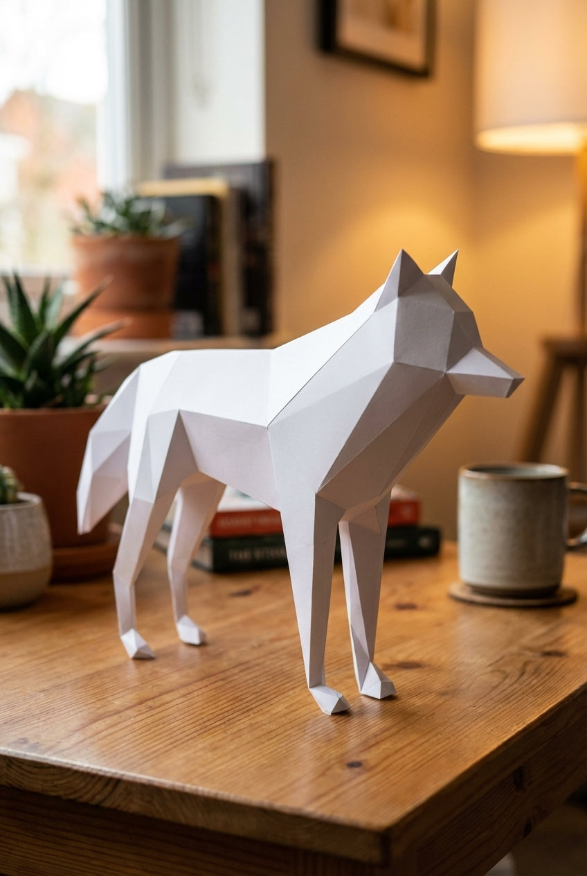 3D polygonal paper wolf figure for assembly 58x30x12 – decorative papercraft DIY kit, modern geometric sculpture for table or shelf - Mi tienda