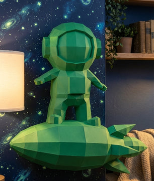 3D small astronaut on rocket papercraft polygonal paper figure 42x32x11 – DIY craft, modern geometric sculpture for wall décor
