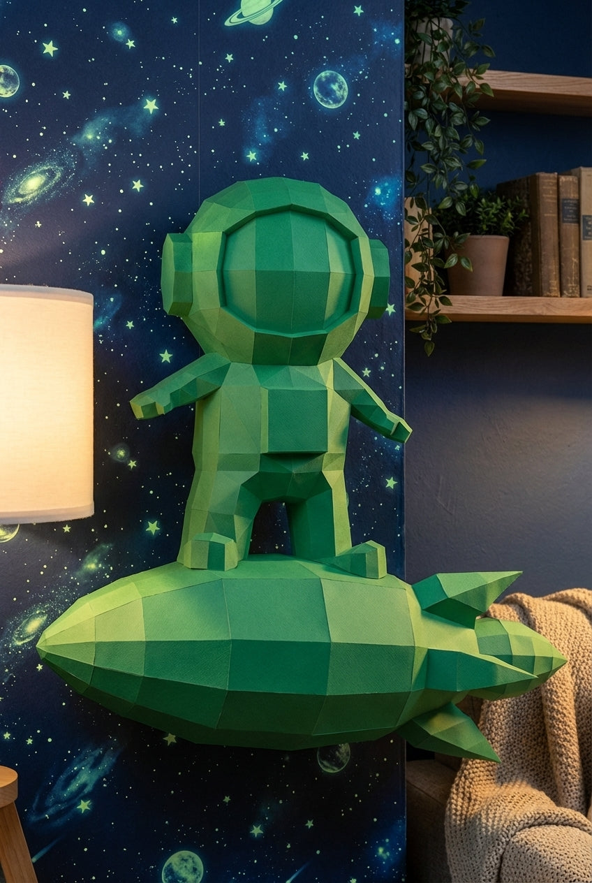 3D small astronaut on rocket papercraft polygonal paper figure 42x32x11 – DIY craft, modern geometric sculpture for wall décor