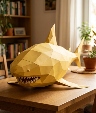 Figura de tiburón de papel poligonal 3D para ensamblar 30 x 27 x 93 – kit de manualidades de papercraft decorativo, escultura geométrica moderna para mesa o estantería