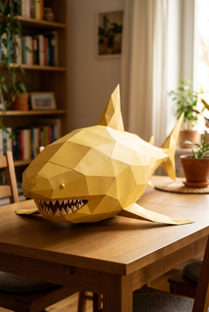 Figura de tiburón de papel poligonal 3D para ensamblar 30 x 27 x 93 – kit de manualidades de papercraft decorativo, escultura geométrica moderna para mesa o estantería