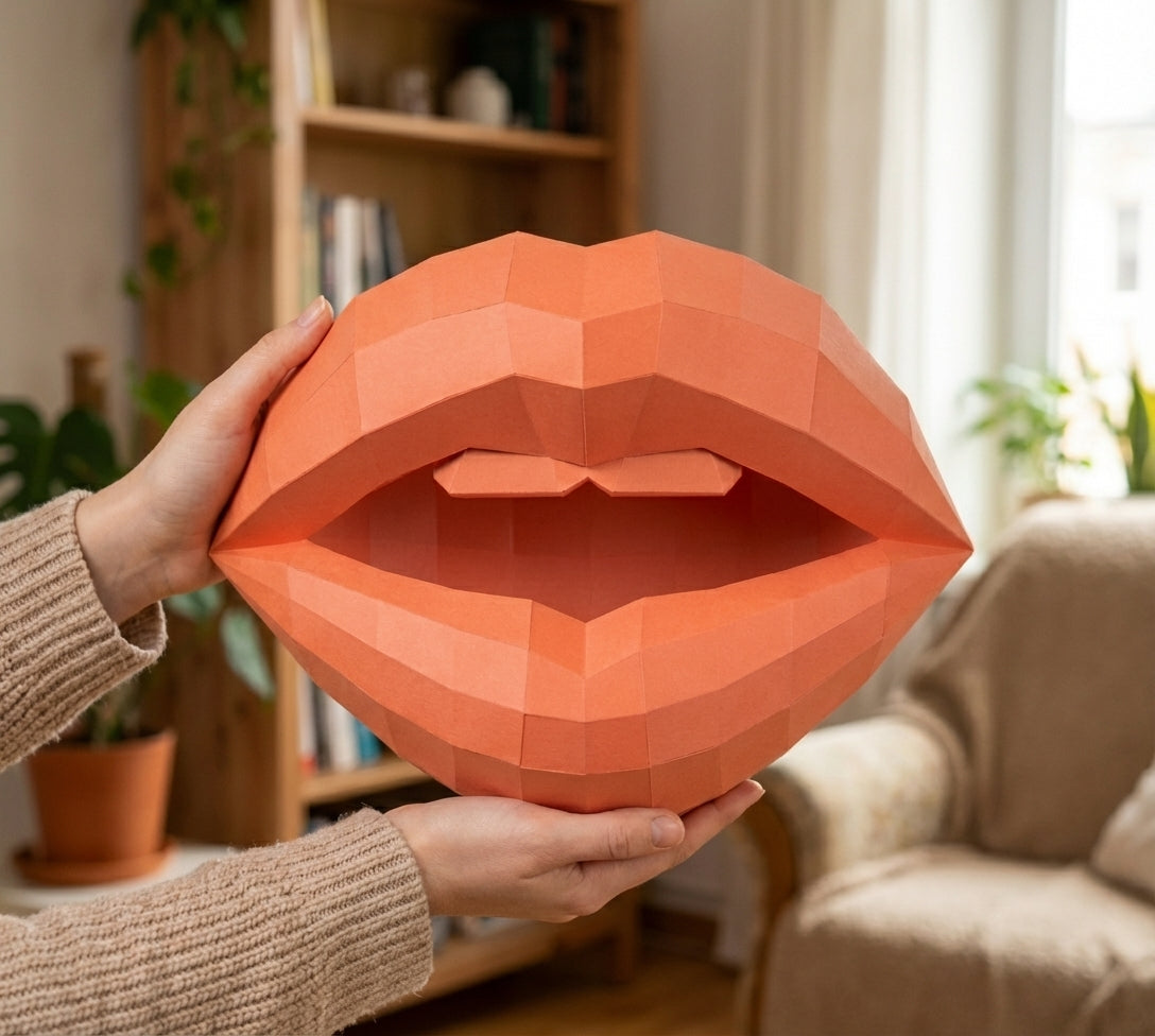 3D lips with teeth papercraft, polygonal paper figure for assembly, 35x26x20 cm, 49 parts – DIY geometric sculpture, unique wall art for creative workspace