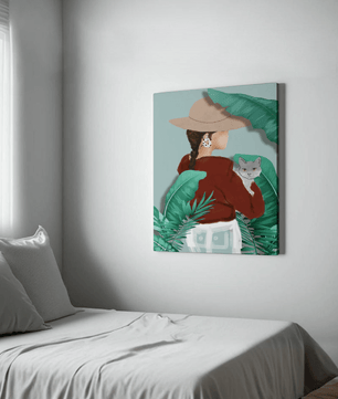 Modern botanical woman portrait – minimalistic female wall art with nature and cat - Mi tienda