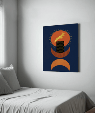 Golden deer on geometric abstract background – modern wall art in deep blue and burnt orange tones - Mi tienda