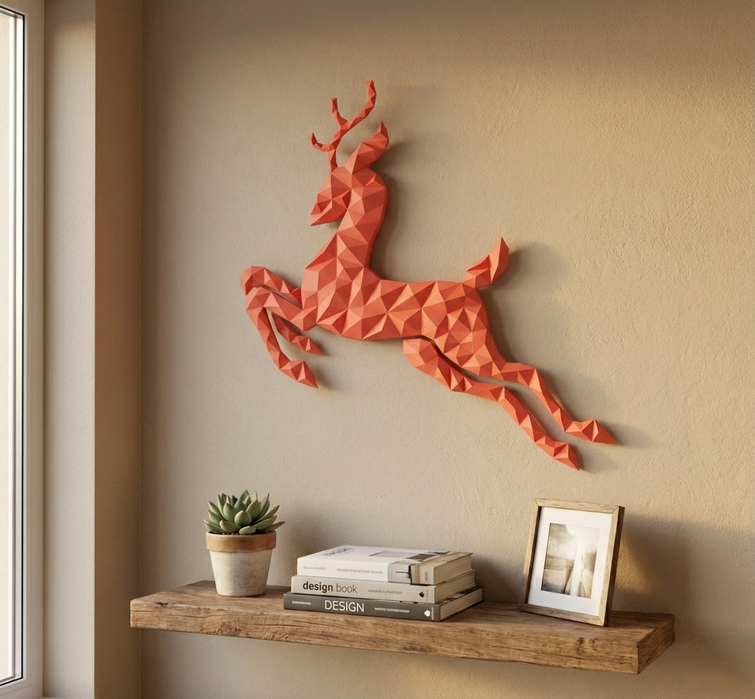 Modern flat deer wall papercraft, 56x57x2 cm geometric 3D polygonal silhouette, DIY creative kit for striking living room or hallway wall art, bold red home decor - Mi tienda
