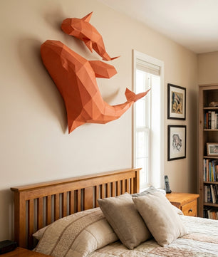 Figura de orcas de papel poligonal 3D para ensamblar 60 x 50 x 20 – kit de manualidades de papercraft decorativo, escultura geométrica moderna para pared sobre la cama