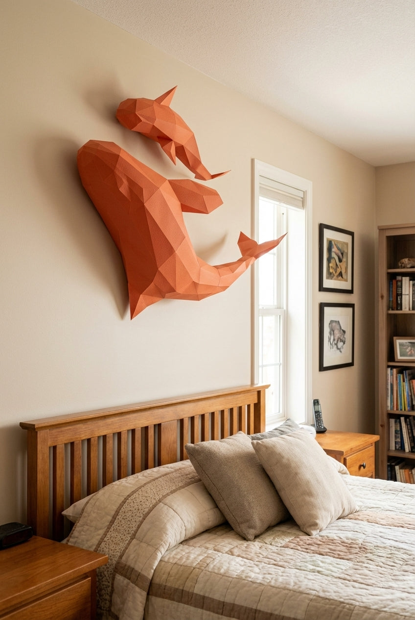 Figura de orcas de papel poligonal 3D para ensamblar 60 x 50 x 20 – kit de manualidades de papercraft decorativo, escultura geométrica moderna para pared sobre la cama