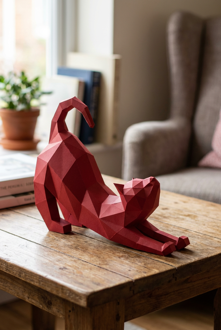 Figura Poligonal 3D de Gato en Papel para Montar 40x32x12 – Kit Decorativo PaperCraft DIY, Escultura Geométrica Moderna para Mesa o Estantería