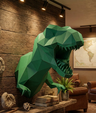 3D Papercraft Green T-Rex Wall Trophy 50cm DIY Low Poly Dinosaur Head Model – Geometric Paper Sculpture Wall Decor for Living Room - Mi tienda