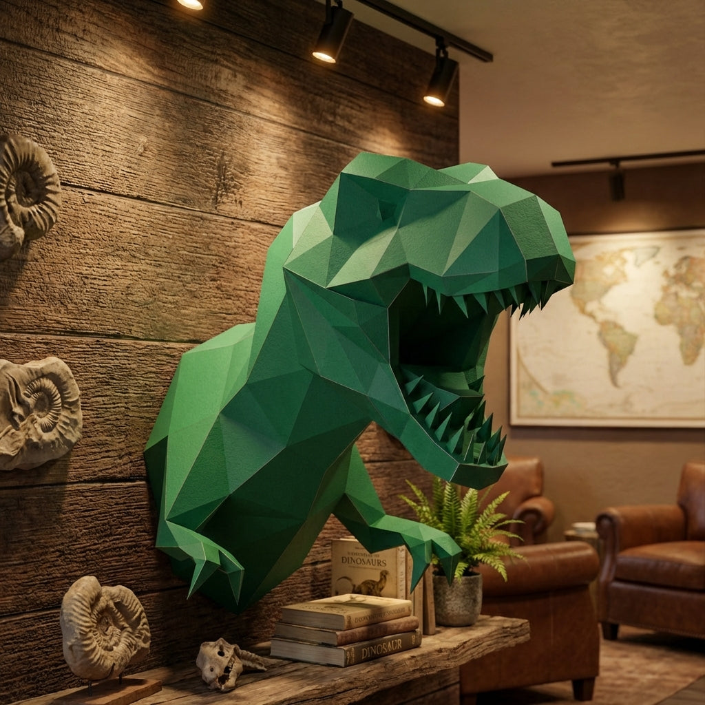 3D Papercraft Green T-Rex Wall Trophy 50cm DIY Low Poly Dinosaur Head Model – Geometric Paper Sculpture Wall Decor for Living Room - Mi tienda