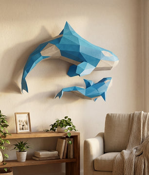 Figura de orcas de papel poligonal 3D para ensamblar 60 x 50 x 20 – kit de manualidades de papercraft decorativo, escultura geométrica moderna para pared sobre la cama