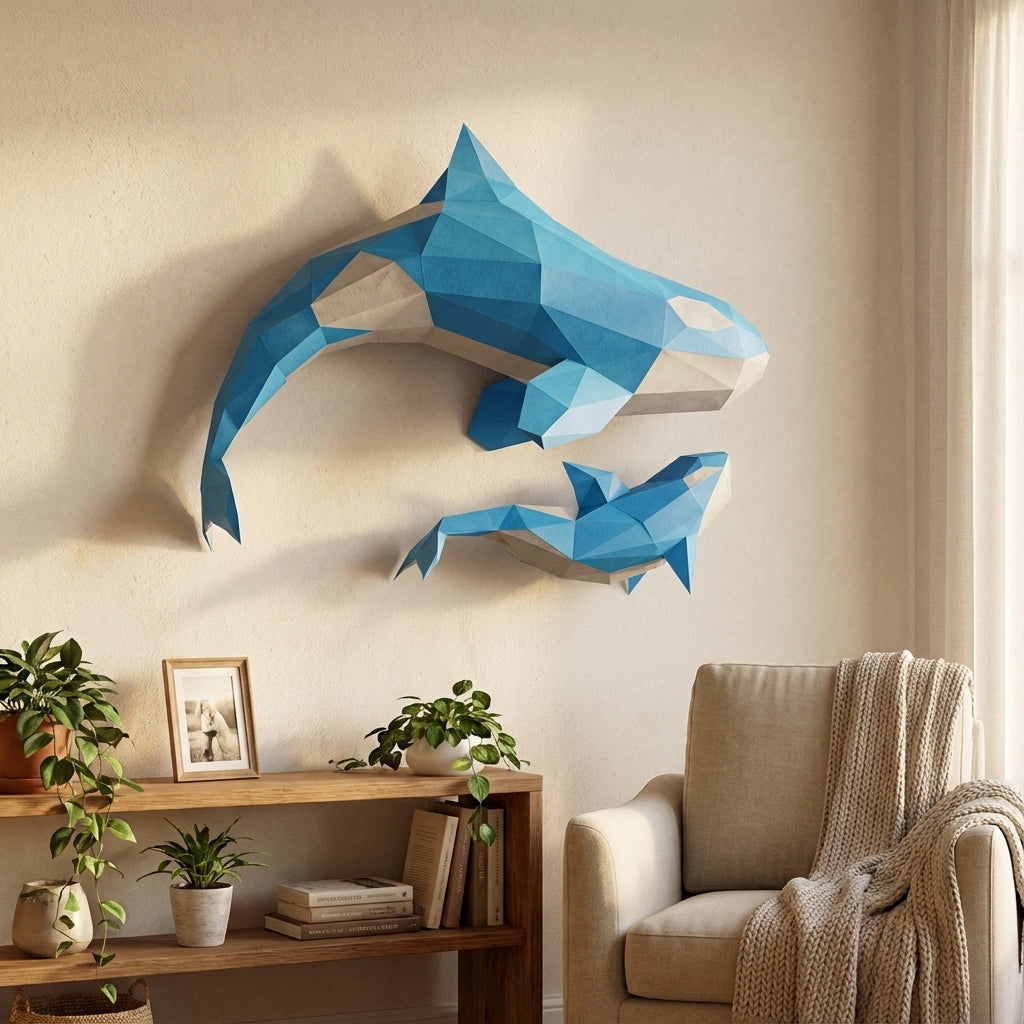 Figura de orcas de papel poligonal 3D para ensamblar 60 x 50 x 20 – kit de manualidades de papercraft decorativo, escultura geométrica moderna para pared sobre la cama