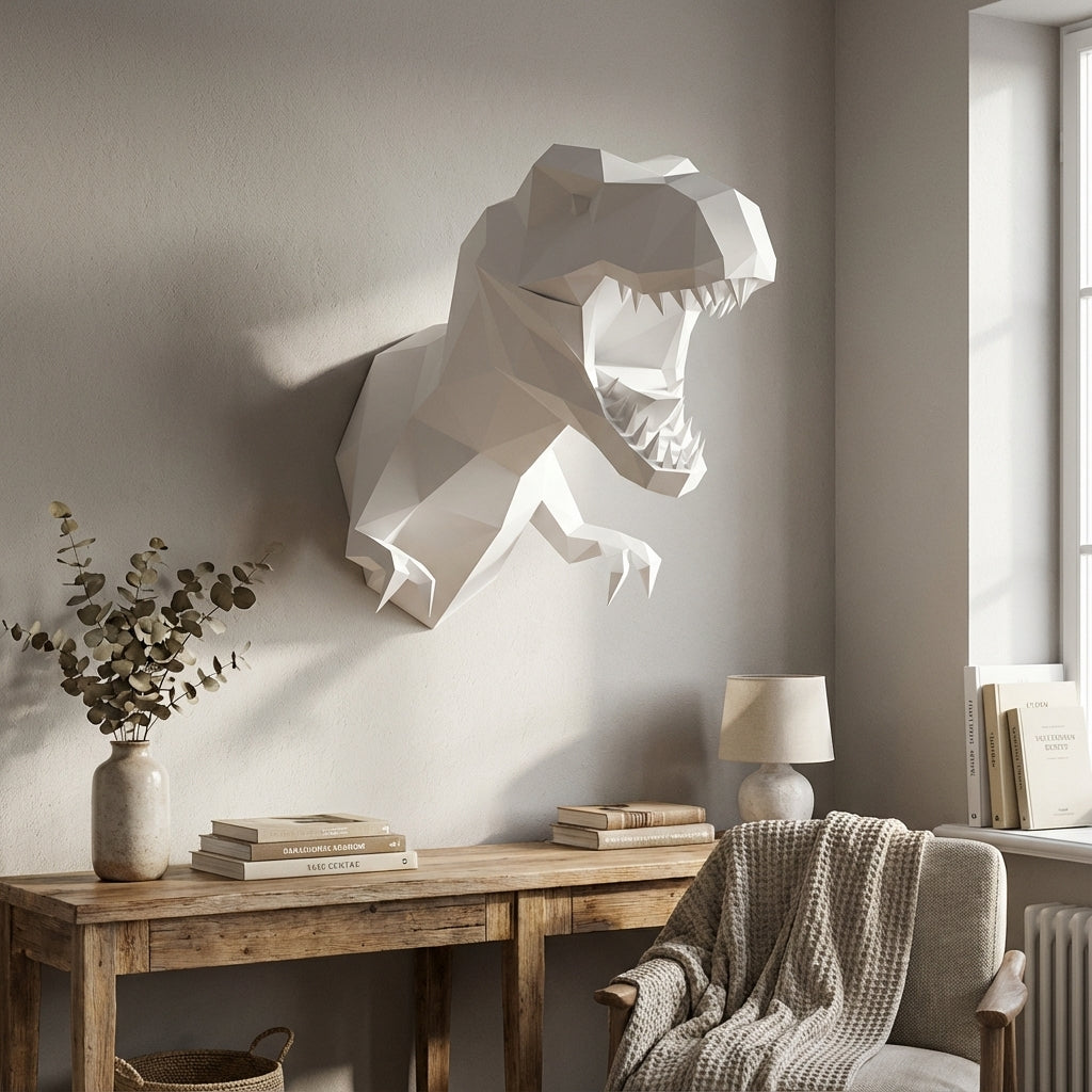 3D Papercraft Green T-Rex Wall Trophy 50cm DIY Low Poly Dinosaur Head Model – Geometric Paper Sculpture Wall Decor for Living Room - Mi tienda