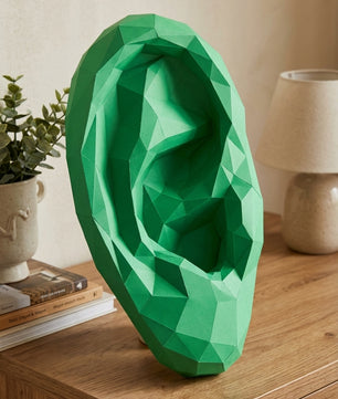 Figura de oreja de papel poligonal 3D para ensamblar 19 x 35 x 14 – kit de manualidades de papercraft decorativo, escultura geométrica moderna para pared sobre la cama