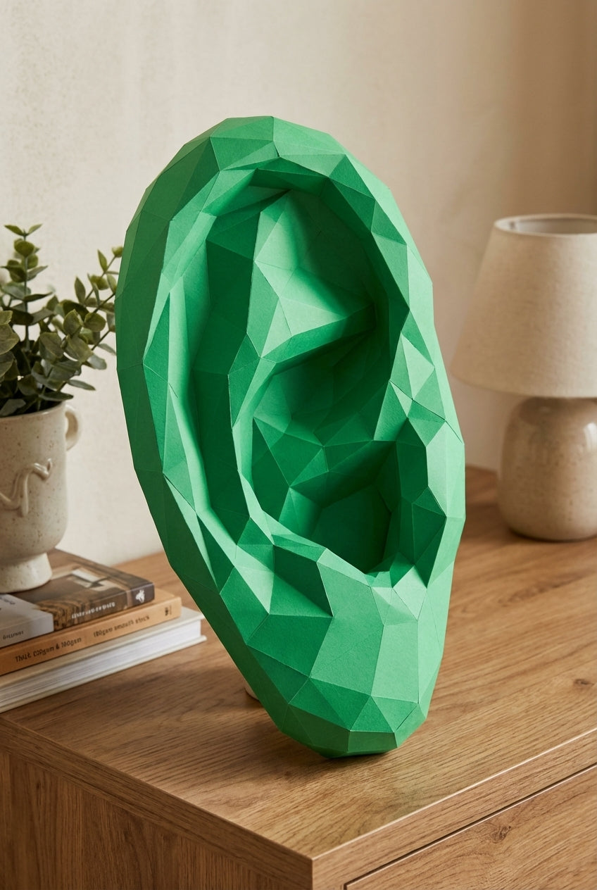 Figura de oreja de papel poligonal 3D para ensamblar 19 x 35 x 14 – kit de manualidades de papercraft decorativo, escultura geométrica moderna para pared sobre la cama