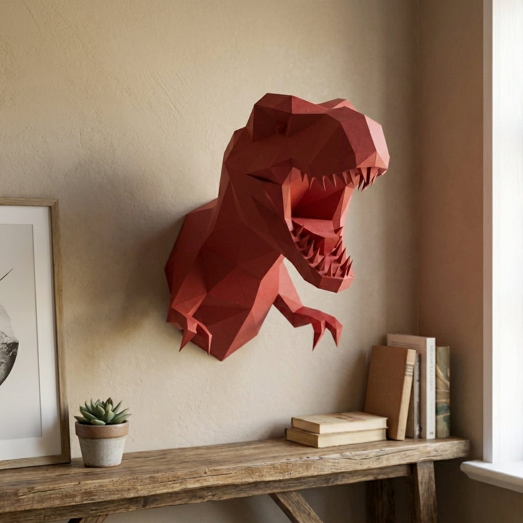 3D Papercraft Green T-Rex Wall Trophy 50cm DIY Low Poly Dinosaur Head Model – Geometric Paper Sculpture Wall Decor for Living Room - Mi tienda
