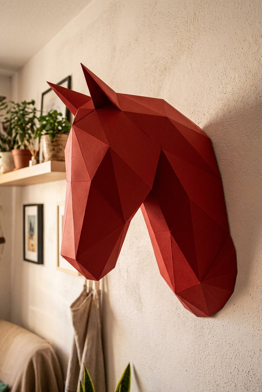 Horse head polygonal paper figure for assembly 25 x 35 x 19 – papercraft DIY craft, modern cardboard wall decoration, geometric style - Mi tienda