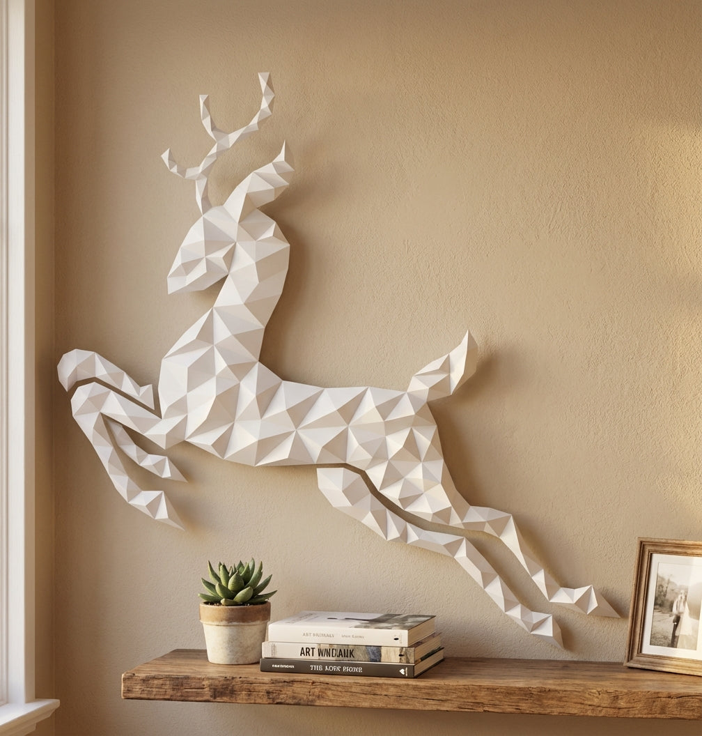 Modern flat deer wall papercraft, 56x57x2 cm geometric 3D polygonal silhouette, DIY creative kit for striking living room or hallway wall art, bold red home decor - Mi tienda