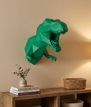 3D Papercraft Green T-Rex Wall Trophy 50cm DIY Low Poly Dinosaur Head Model – Geometric Paper Sculpture Wall Decor for Living Room - Mi tienda
