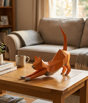Discover our stretching cat 3D papercraft kit — a creative paper project for mindful breaks and modern home accents. This hand-assembled polygonal feline adds a quirky touch to your office - Mi tienda