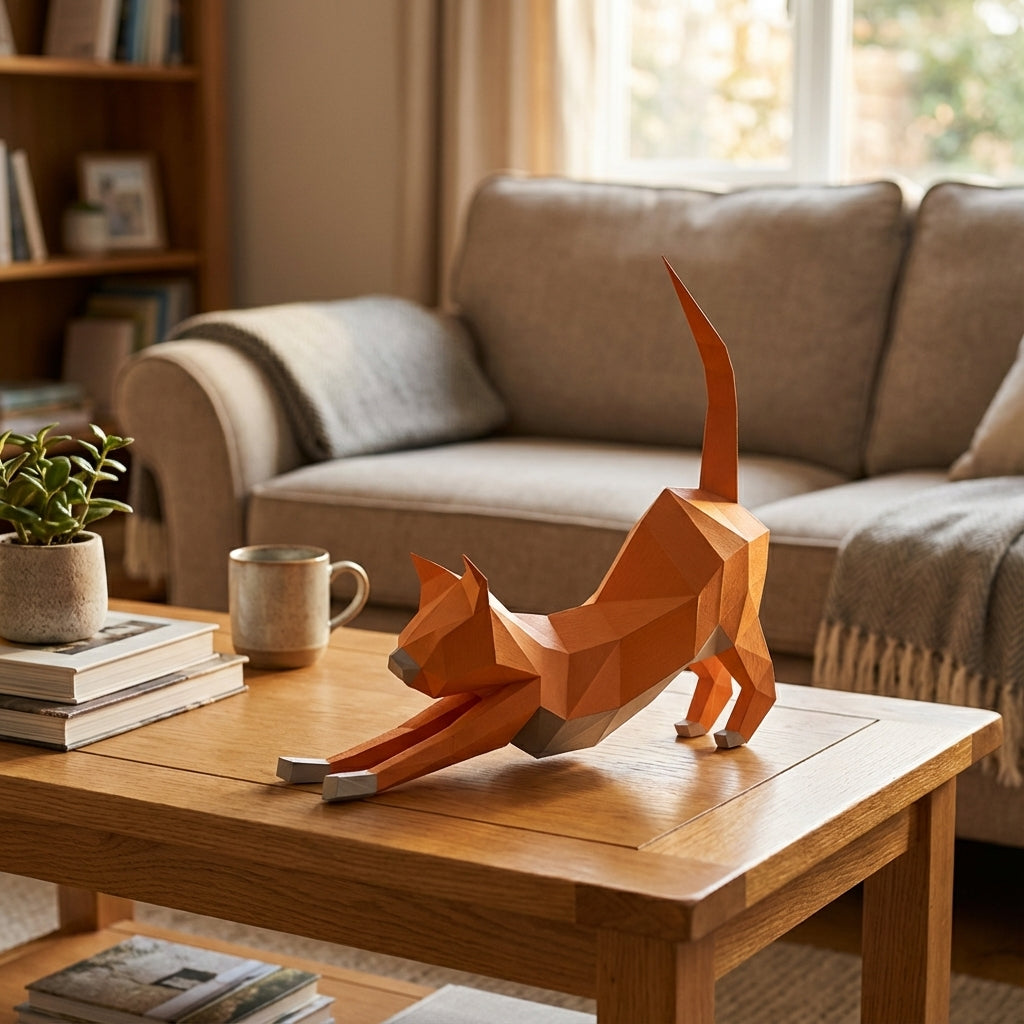 Discover our stretching cat 3D papercraft kit — a creative paper project for mindful breaks and modern home accents. This hand-assembled polygonal feline adds a quirky touch to your office - Mi tienda