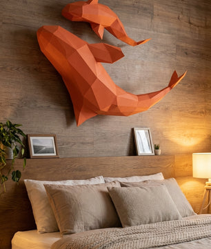Figura de orcas de papel poligonal 3D para ensamblar 60 x 50 x 20 – kit de manualidades de papercraft decorativo, escultura geométrica moderna para pared sobre la cama