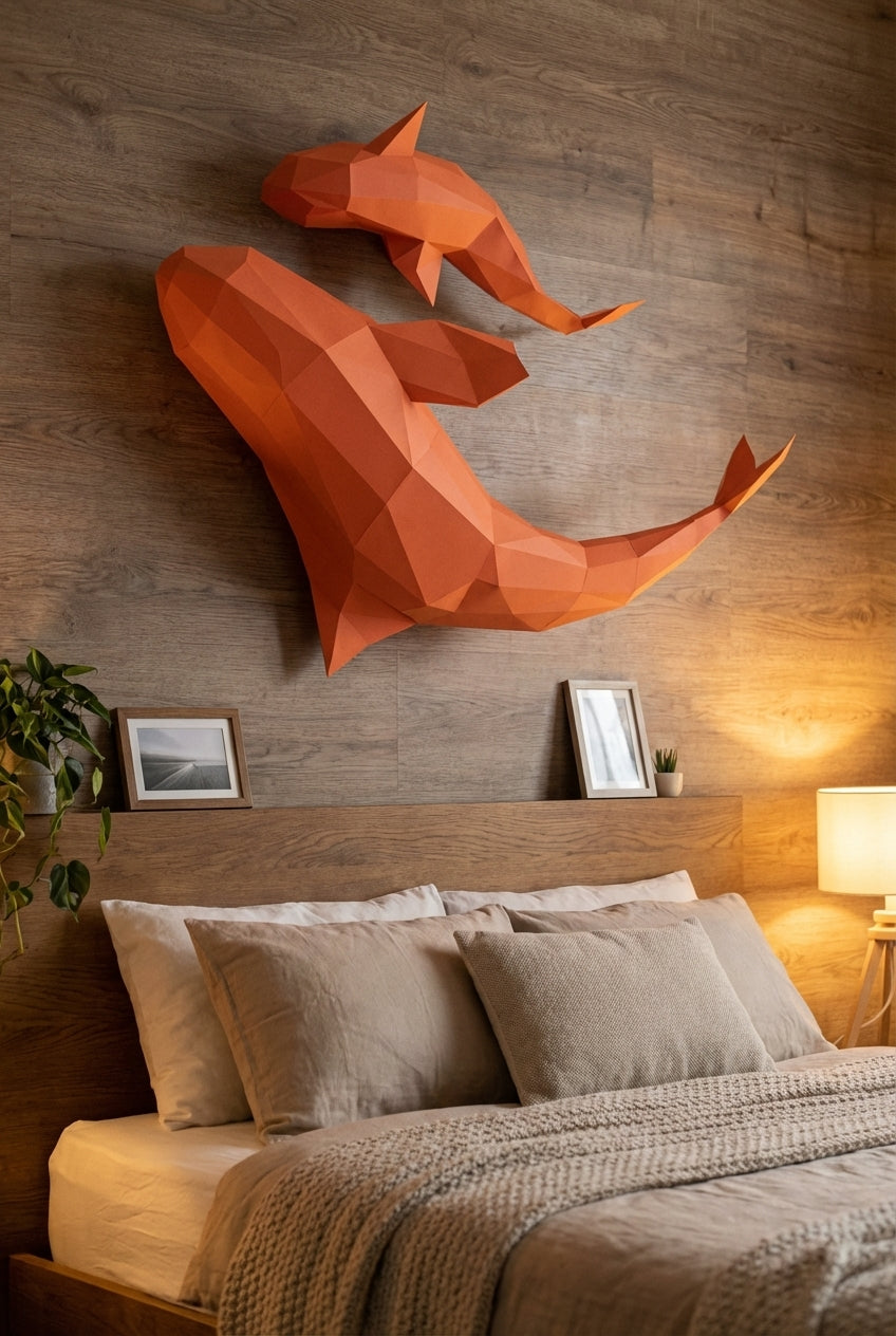 Figura de orcas de papel poligonal 3D para ensamblar 60 x 50 x 20 – kit de manualidades de papercraft decorativo, escultura geométrica moderna para pared sobre la cama