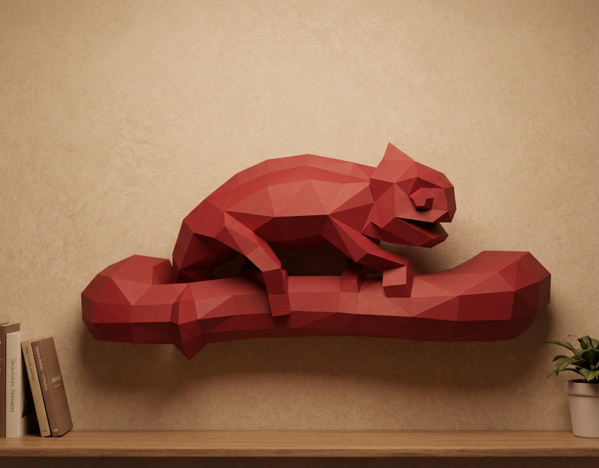 Geometric chameleon papercraft wall sculpture on branch, 3d polygonal lizard, 41x12x19 cm, creative diy kit for unique modern home or office decor - Mi tienda