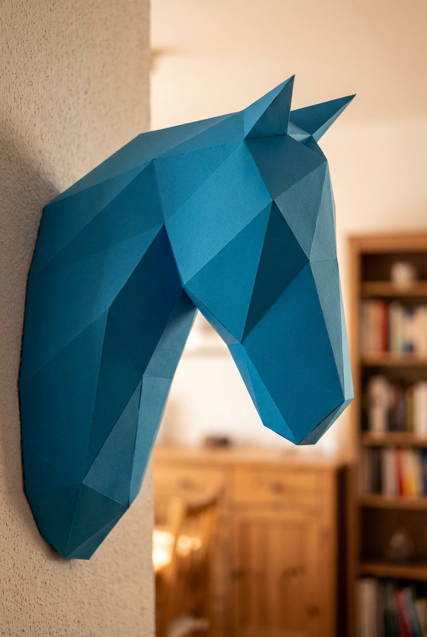 Horse head polygonal paper figure for assembly 25 x 35 x 19 – papercraft DIY craft, modern cardboard wall decoration, geometric style - Mi tienda