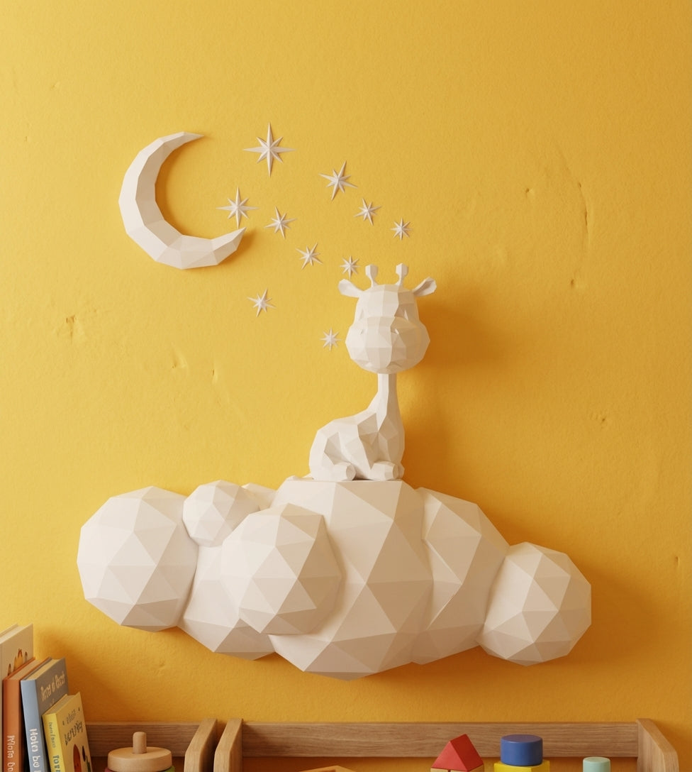Cute wall giraffe 3D papercraft polygonal paper figure for assembly 50x45x16, 272 parts – DIY craft, sculptural cardboard giraffe for kids room wall decor