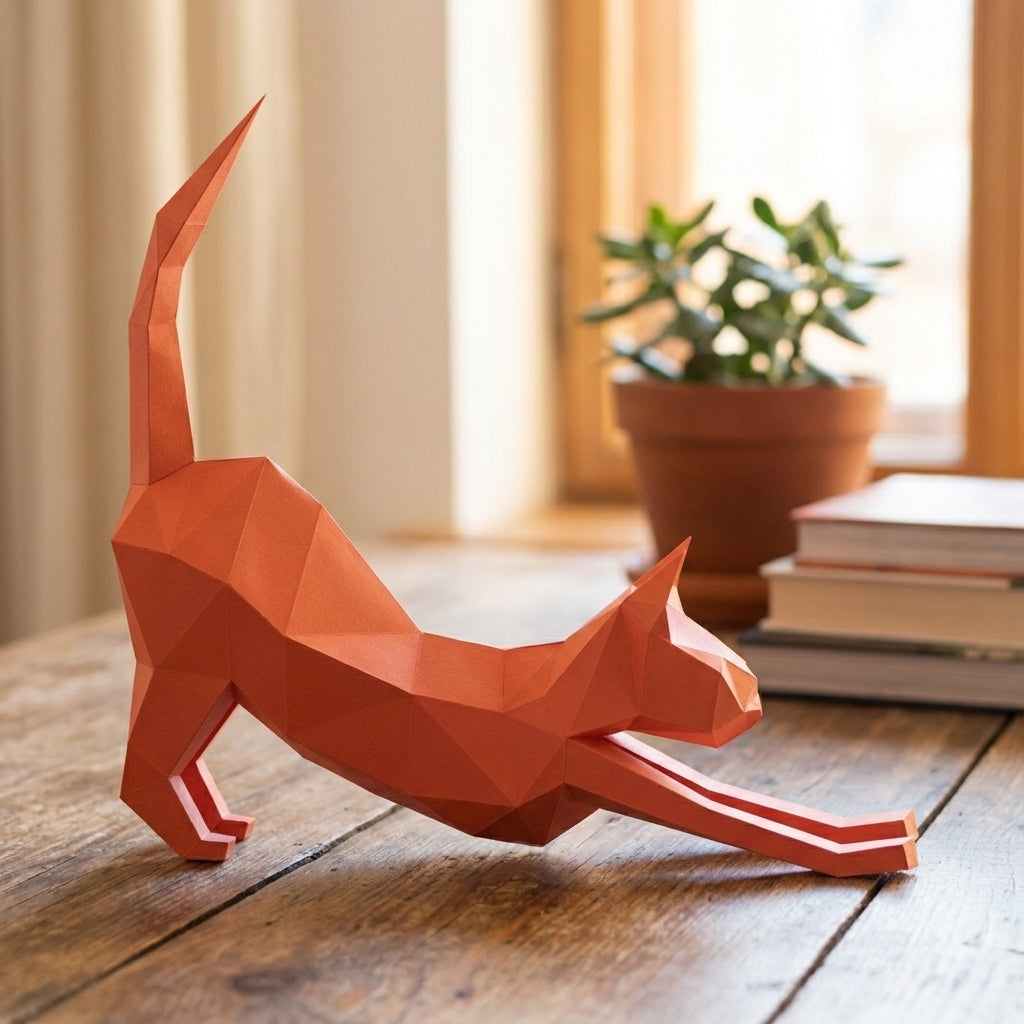 Discover our stretching cat 3D papercraft kit — a creative paper project for mindful breaks and modern home accents. This hand-assembled polygonal feline adds a quirky touch to your office - Mi tienda