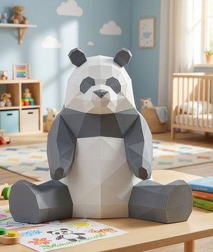Polygonal panda papercraft, 3d geometric sculpture, 61-piece diy paper kit, 32x35x35 cm, modern handmade decor for home or office - Mi tienda