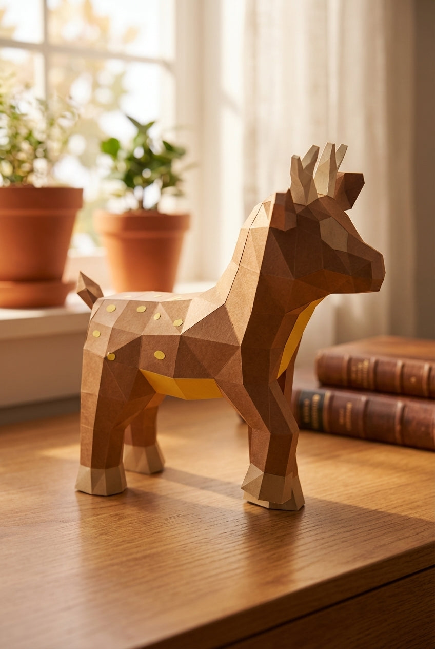 Ciervo pequeño 3D, figura de papel poligonal para ensamblar 42x32x11 – Manualidad DIY, ciervo de cartón escultórico para decoración de pared moderna