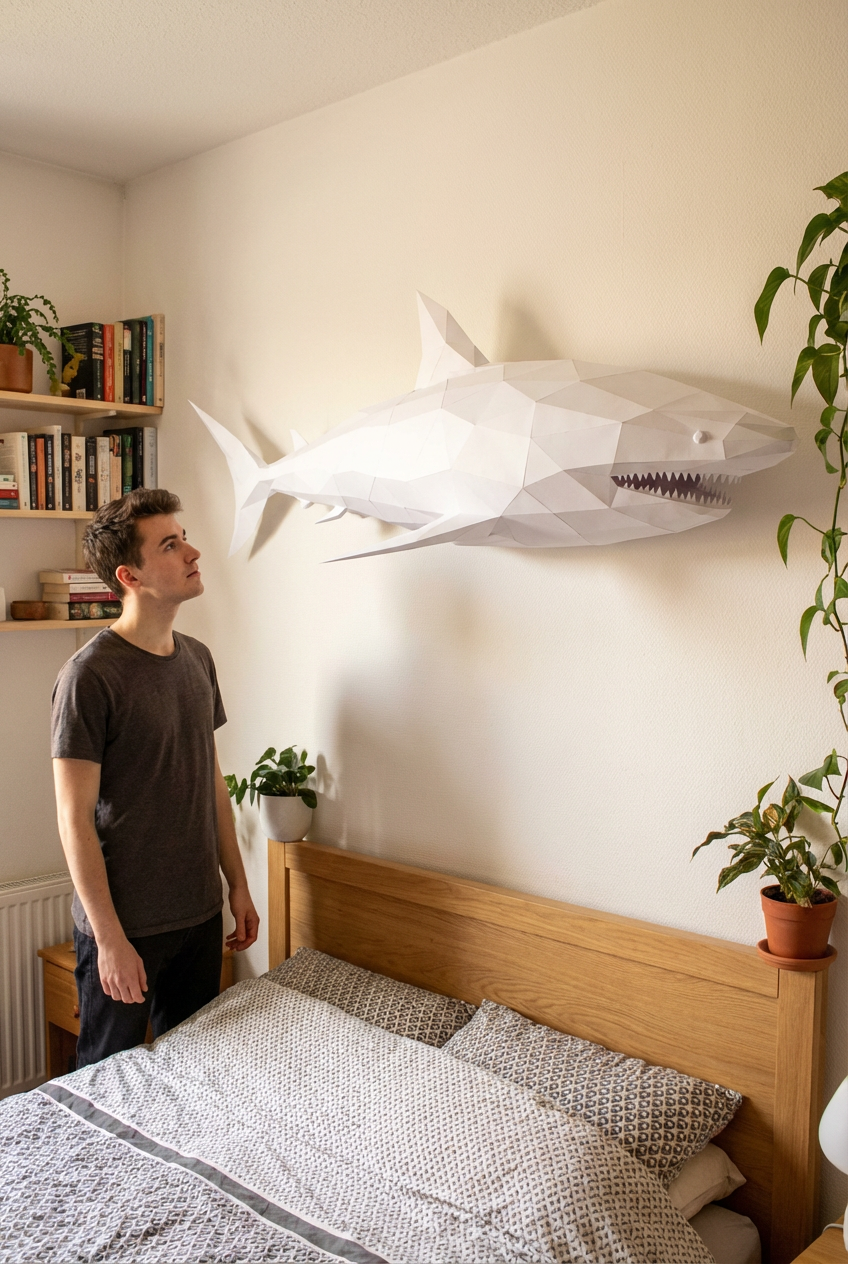 Figura de tiburón de papel poligonal 3D para ensamblar 30 x 27 x 93 – kit de manualidades de papercraft decorativo, escultura geométrica moderna para mesa o estantería