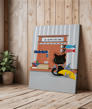 Black cat with Japanese storefront and koi fish flags – cozy and charming wall art - Mi tienda