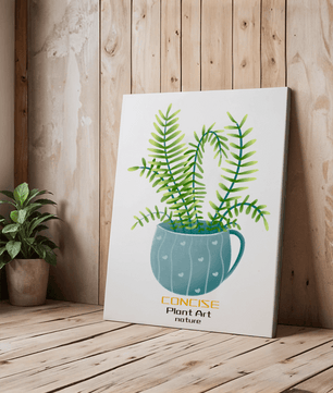 Illustration of a Plant in a Decorative Blue Pot with Green Leaves