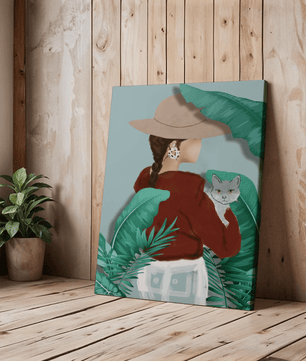 Modern botanical woman portrait – minimalistic female wall art with nature and cat - Mi tienda