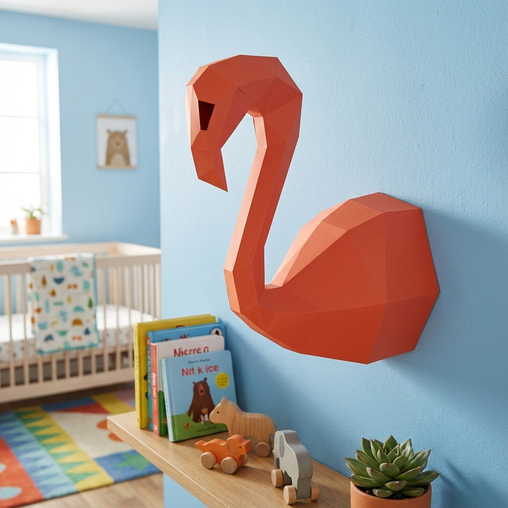 3D Wall Flamingo Papercraft wall flamingo papercraft kit! Polygonal paper art, 37x35x19 cm. Unique DIY wall decor - Mi tienda