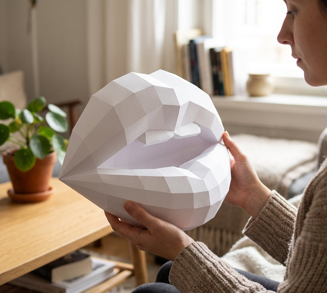 3D lips with teeth papercraft, polygonal paper figure for assembly, 35x26x20 cm, 49 parts – DIY geometric sculpture, unique wall art for creative workspace