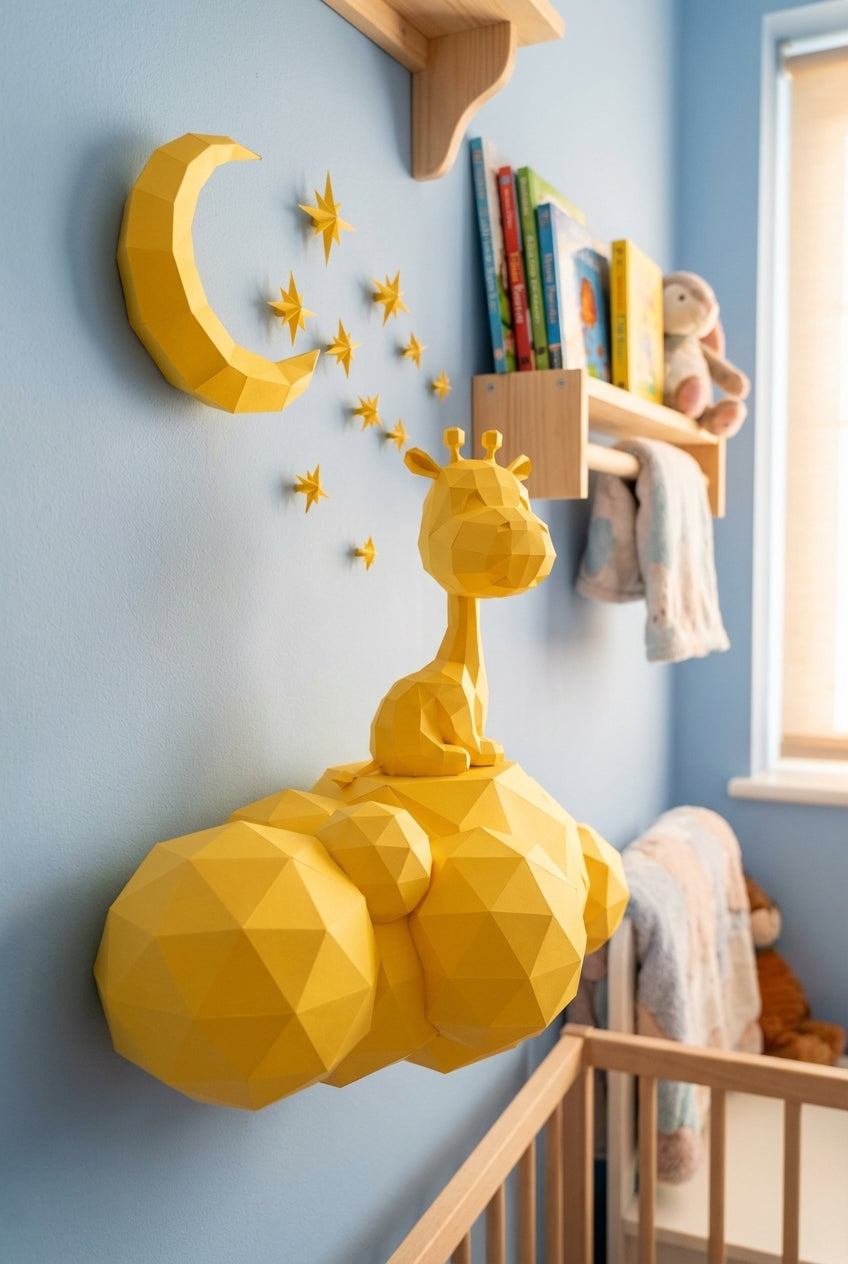 Cute wall giraffe 3D papercraft polygonal paper figure for assembly 50x45x16, 272 parts – DIY craft, sculptural cardboard giraffe for kids room wall decor
