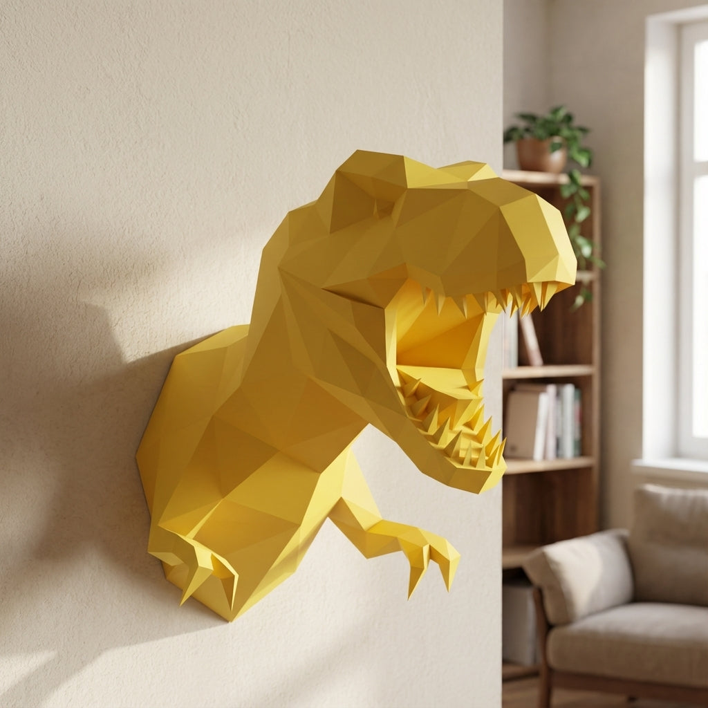 3D Papercraft Green T-Rex Wall Trophy 50cm DIY Low Poly Dinosaur Head Model – Geometric Paper Sculpture Wall Decor for Living Room - Mi tienda