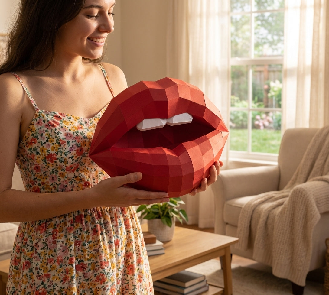 3D lips with teeth papercraft, polygonal paper figure for assembly, 35x26x20 cm, 49 parts – DIY geometric sculpture, unique wall art for creative workspace