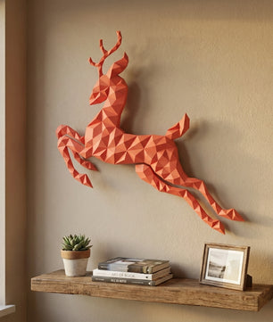 Modern flat deer wall papercraft, 56x57x2 cm geometric 3D polygonal silhouette, DIY creative kit for striking living room or hallway wall art, bold red home decor - Mi tienda