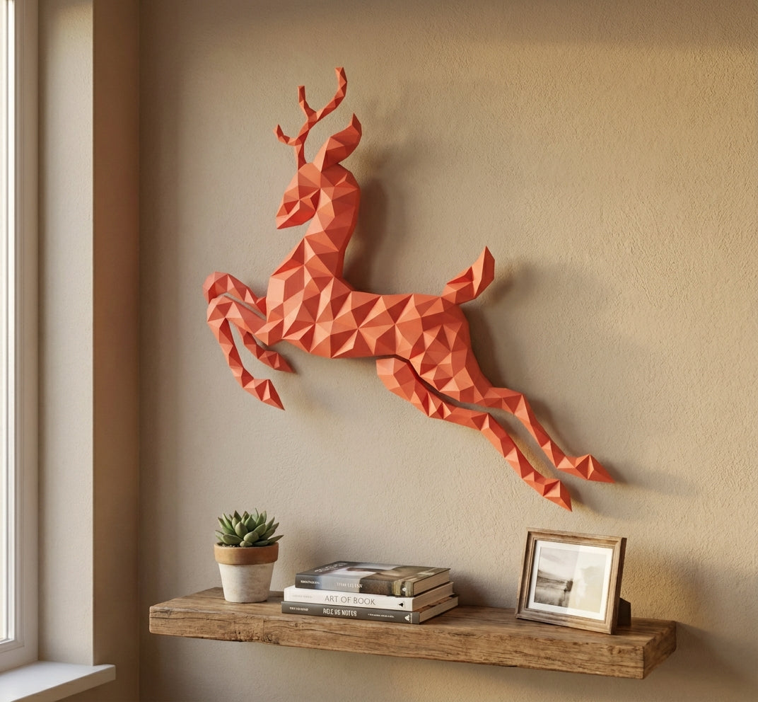 Modern flat deer wall papercraft, 56x57x2 cm geometric 3D polygonal silhouette, DIY creative kit for striking living room or hallway wall art, bold red home decor - Mi tienda