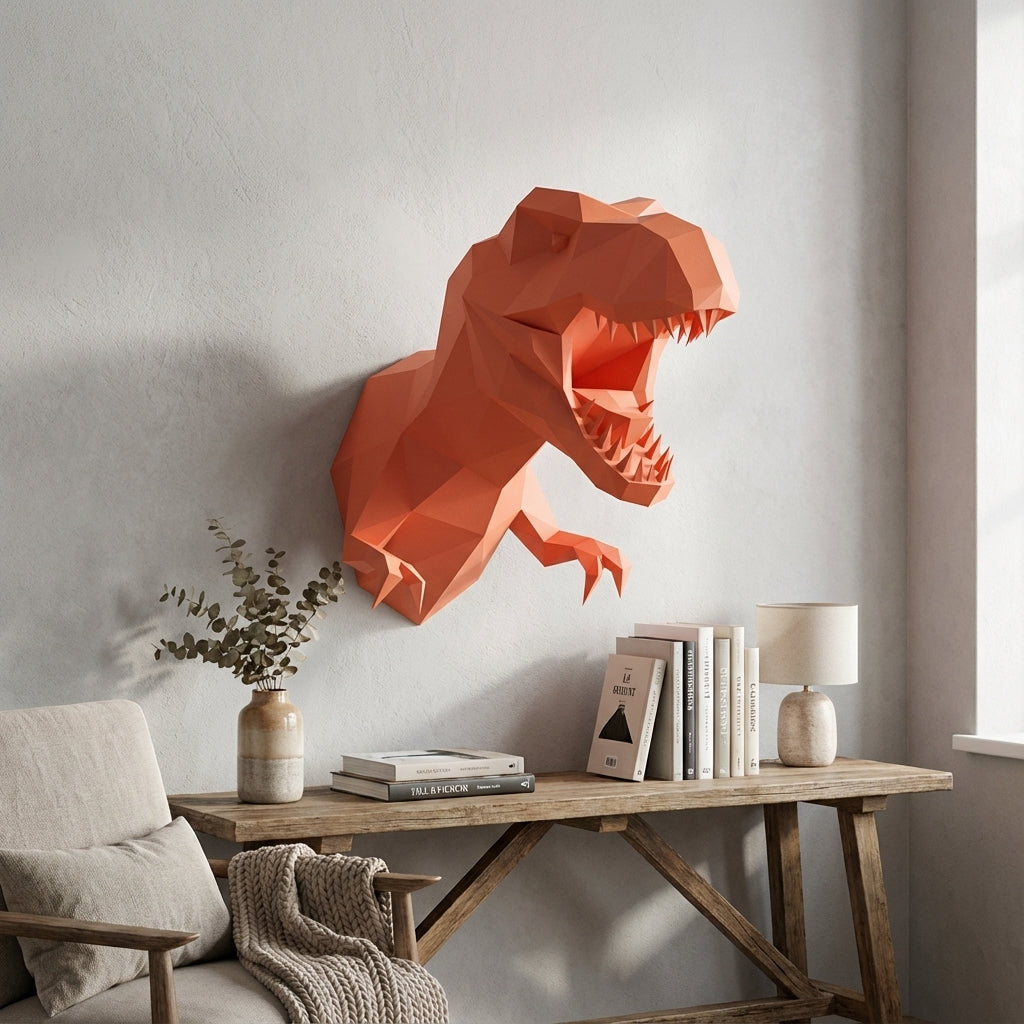 3D Papercraft Green T-Rex Wall Trophy 50cm DIY Low Poly Dinosaur Head Model – Geometric Paper Sculpture Wall Decor for Living Room - Mi tienda