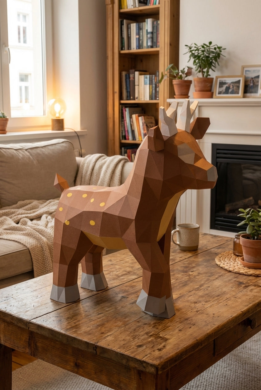Ciervo pequeño 3D, figura de papel poligonal para ensamblar 42x32x11 – Manualidad DIY, ciervo de cartón escultórico para decoración de pared moderna