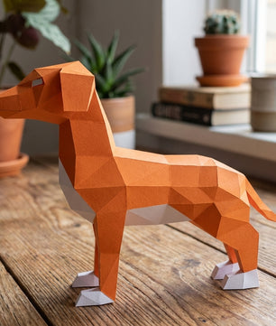 Cute ginger dog 3D papercraft polygonal paper figure for assembly, 50x37x18 cm, 65 parts – DIY craft, sculptural cardboard dog, geometric decor for entryway