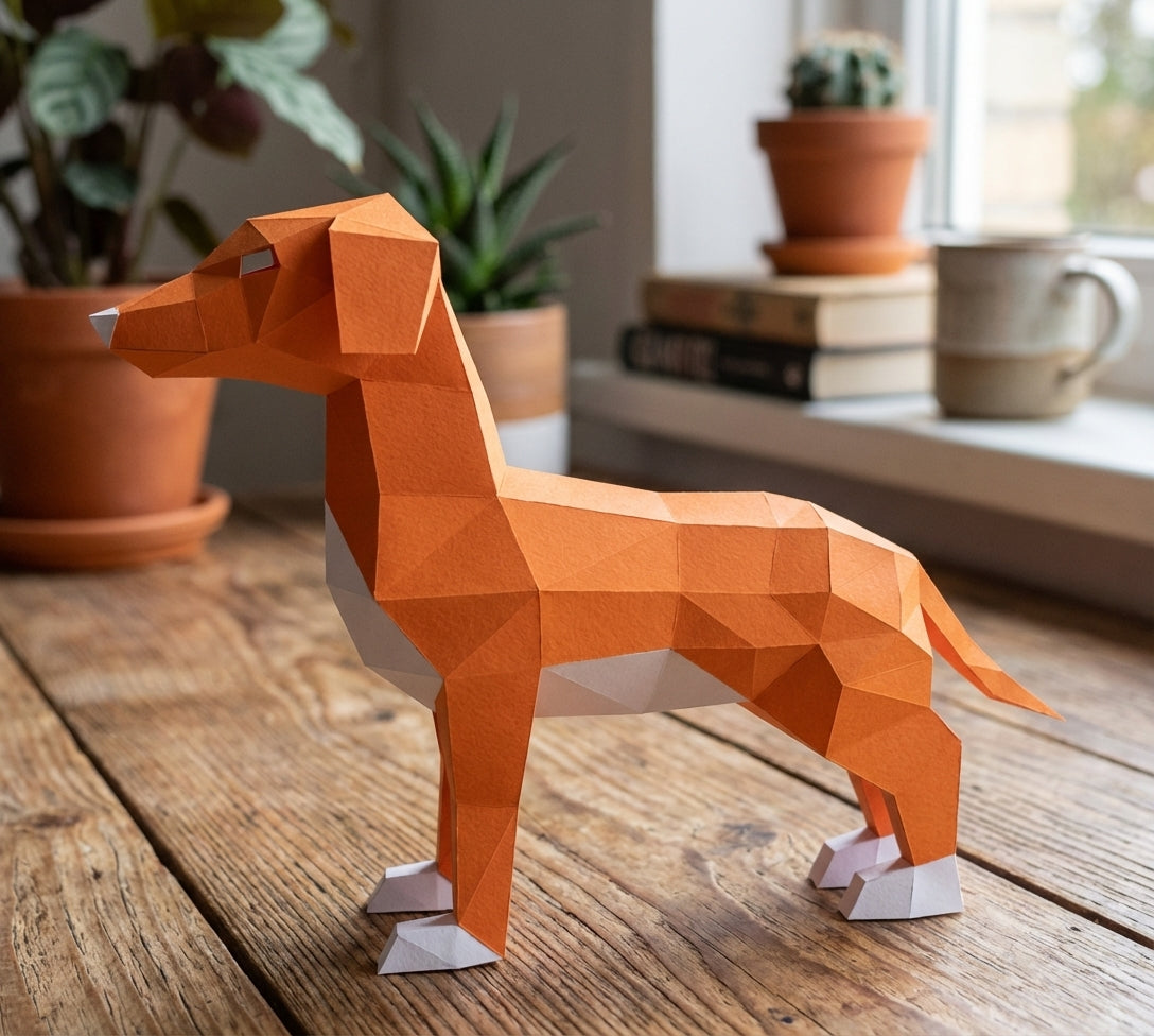 Lindo perro canela papercraft 3D, figura de papel poligonal para montar, 50x37x18 cm, 65 piezas – Manualidad DIY, perro de cartón escultórico, decoración geométrica para entrada